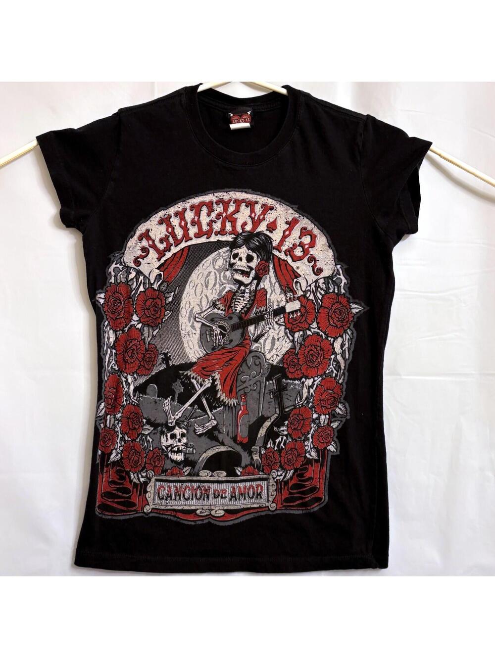 Lucky 13 Cancion De Amor Skeleton Guitar Graphic T-Shirt Women's Medium